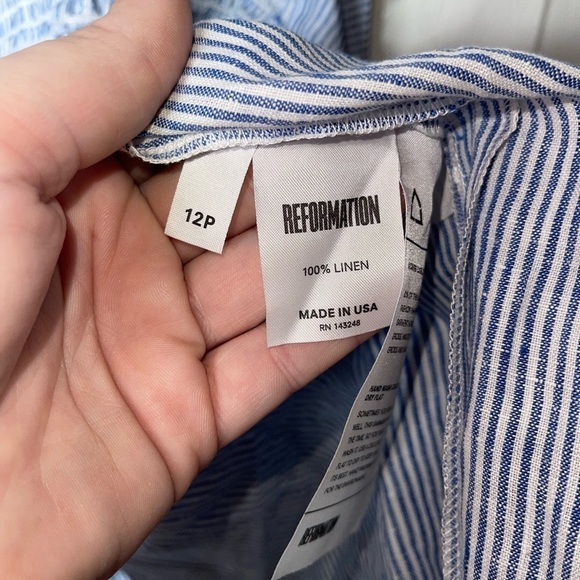 REFORMATION 100% Linen Blue White Stripe Cut Out Playa Mini Dress, Size 12P Sexy - Picture 9 of 9